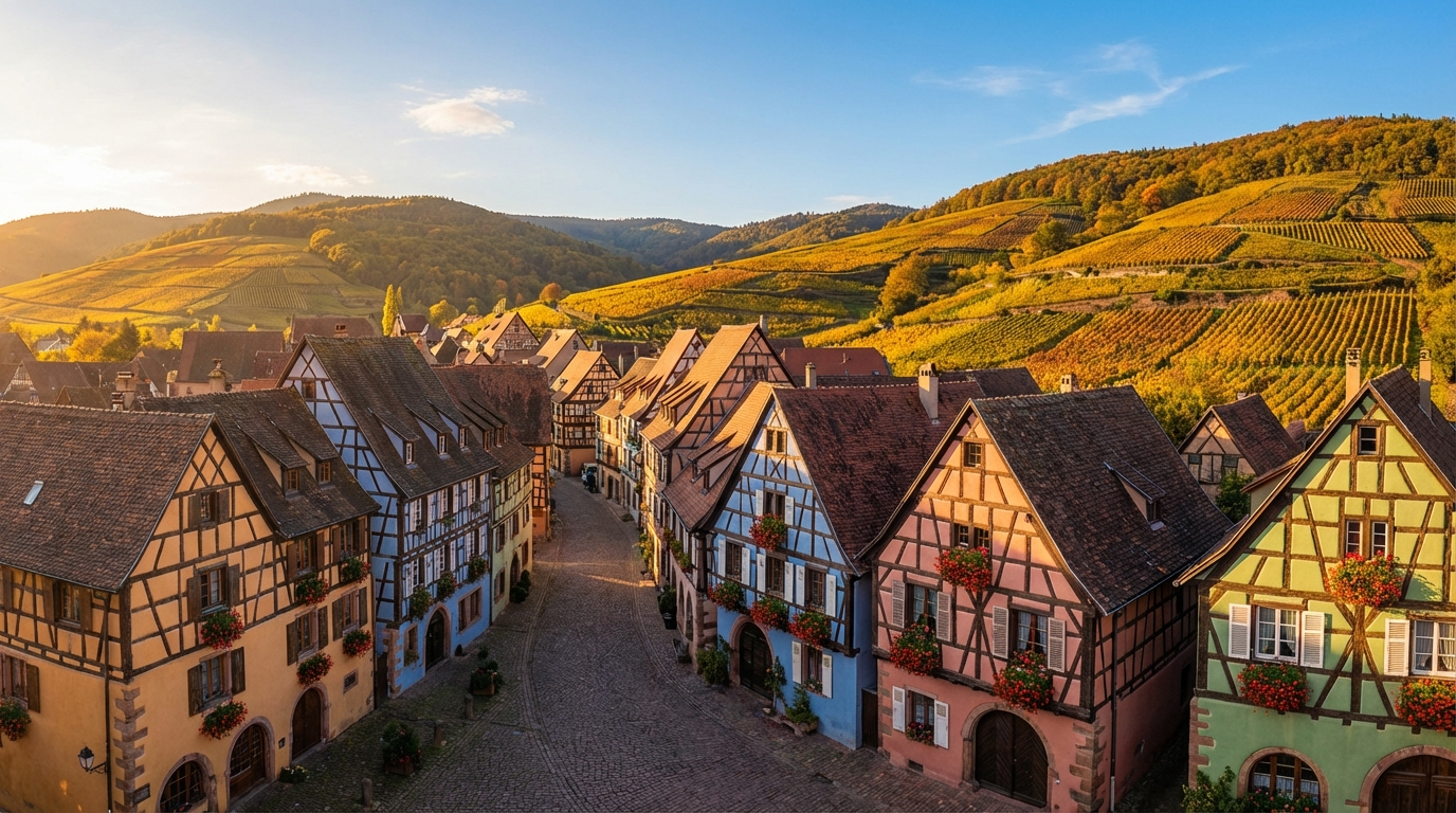 Alsace vineyard village with half-timbered houses