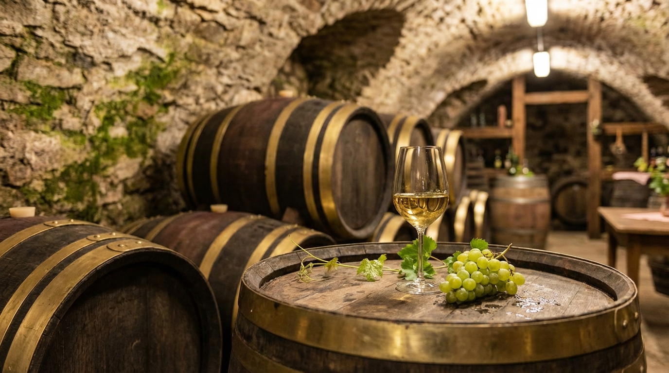 A rustic Austrian Heuriger wine cellar with Grüner Veltliner