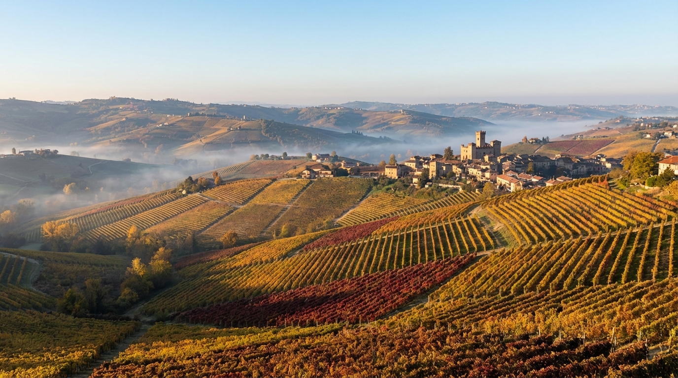 Nebbiolo grapes ripening on the vine in the fog-covered Langhe hills of Piedmont