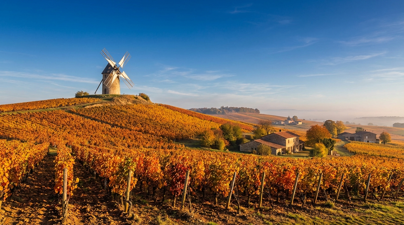 Rolling hillside vineyards of the Beaujolais crus with village church