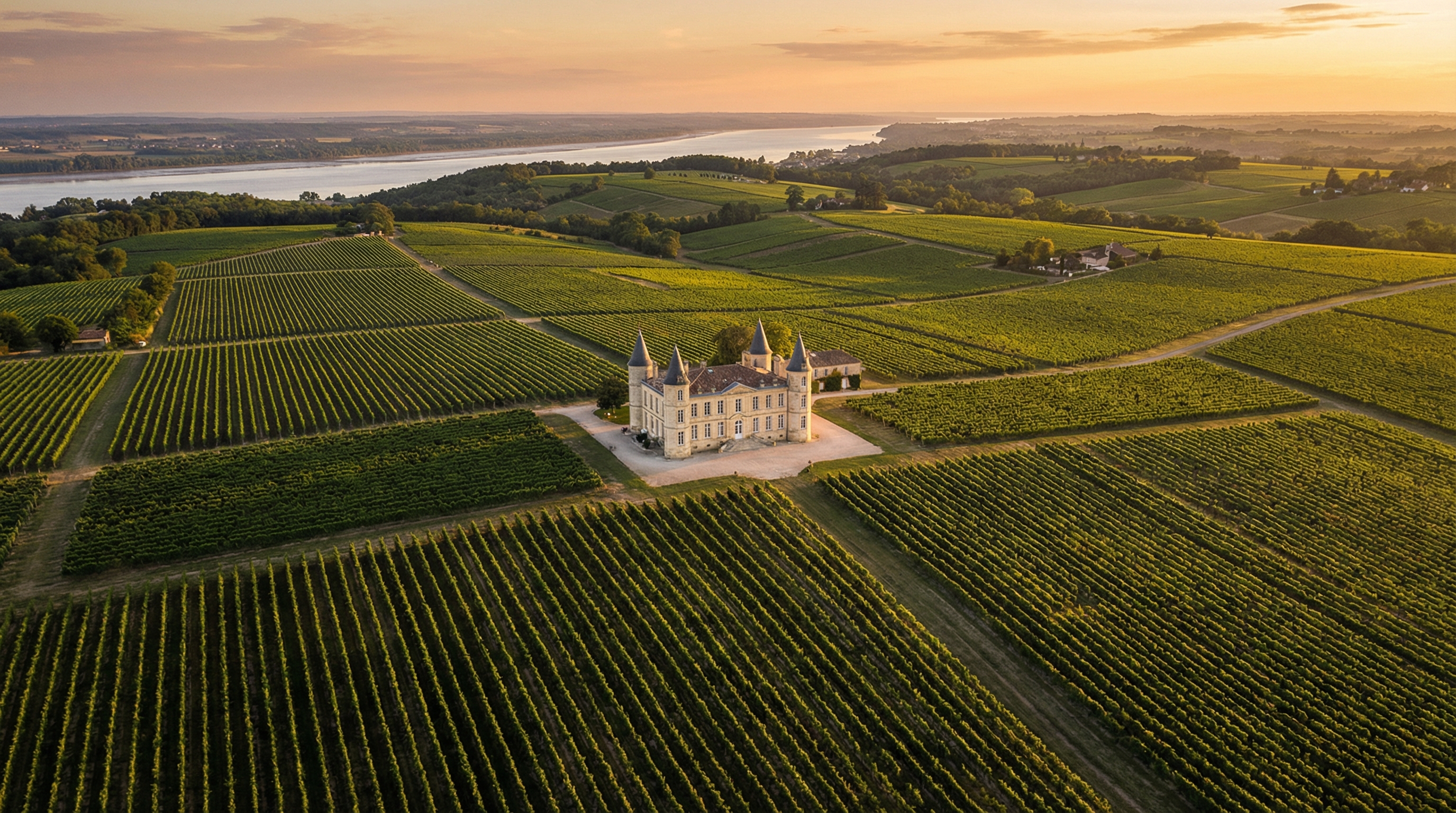 Bordeaux vineyards at sunset along the Garonne river