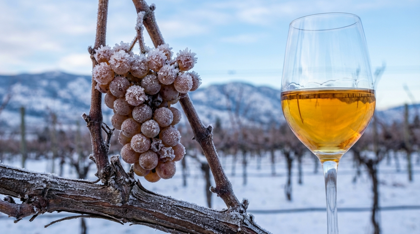 Frozen grapes on the vine for Canadian icewine production