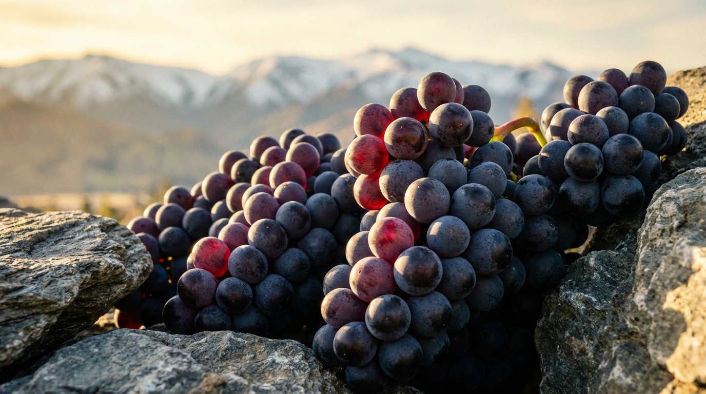 Pinot Noir grapes on the vine against Central Otago schist stones