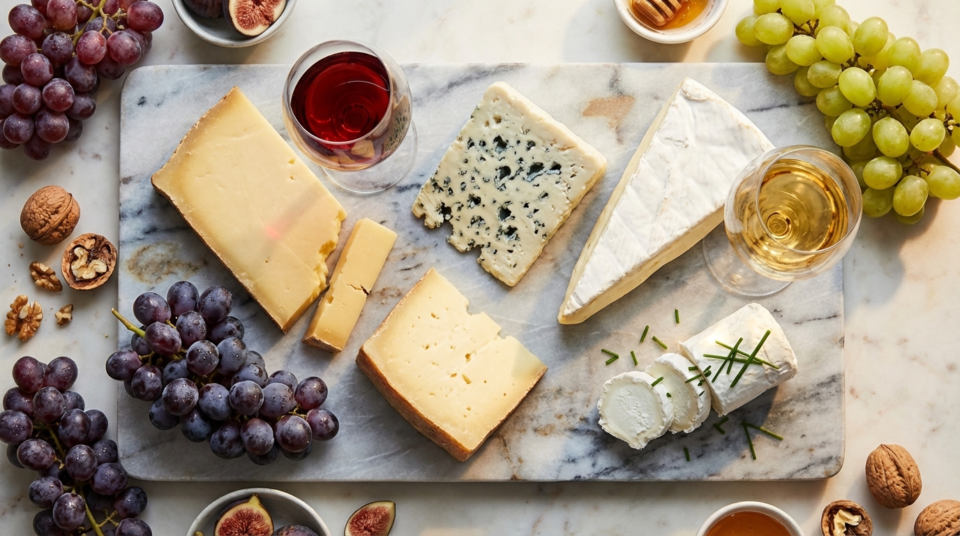 An assortment of artisan cheeses paired with glasses of red and white wine on a rustic board