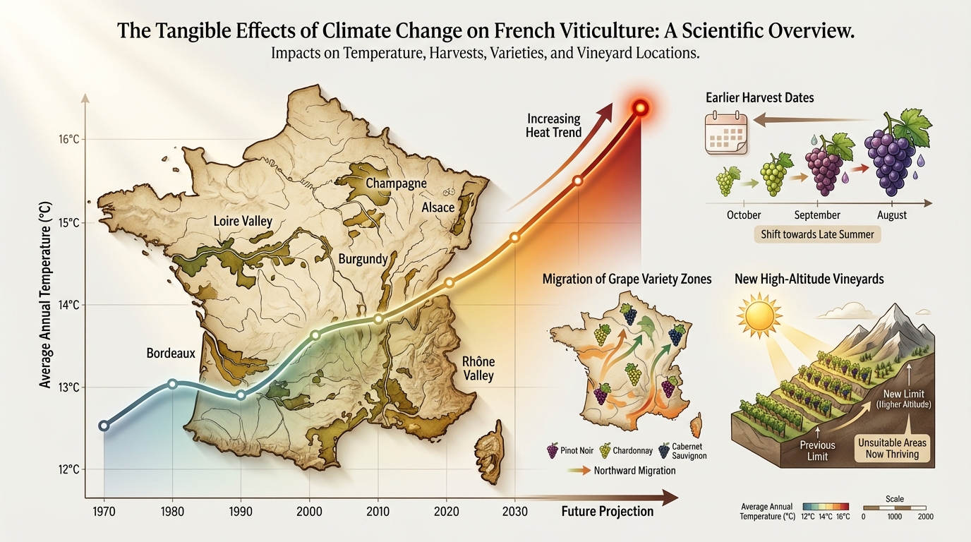 High-altitude vineyard in the Languedoc foothills demonstrating climate adaptation through elevated plantings
