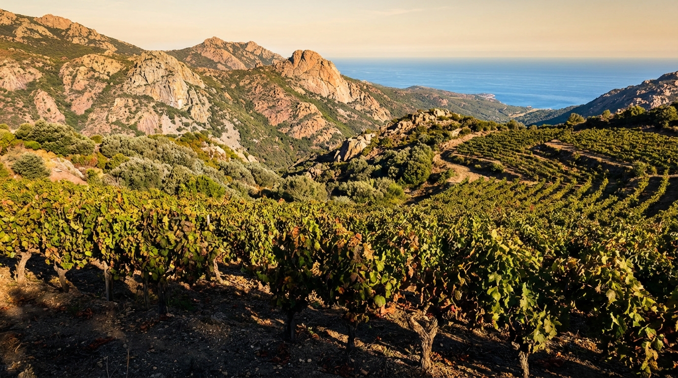 Hillside vineyard on Corsica's granite terrain overlooking the Mediterranean coast