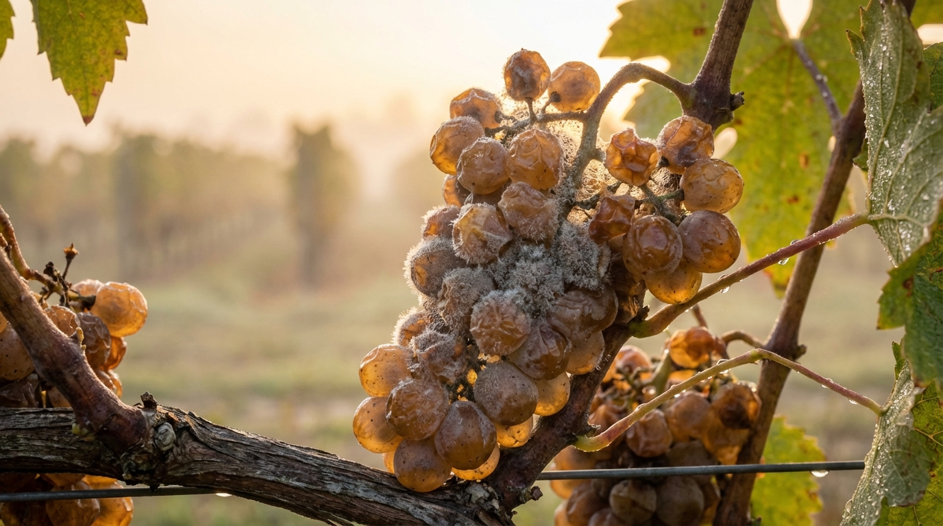 Frozen grapes on the vine covered in frost ready for Eiswein harvest at dawn