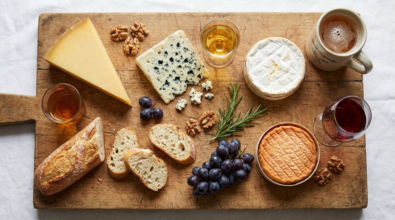 Ripe Camembert de Normandie on a wooden board paired with a glass of crisp Champagne