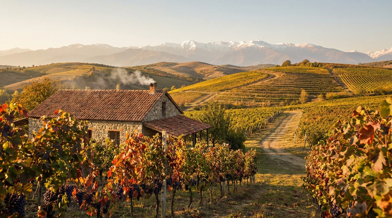 Kakheti vineyards with Caucasus Mountains in background