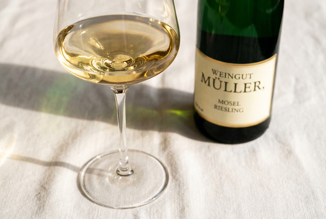 German Riesling wine glass with bottle
