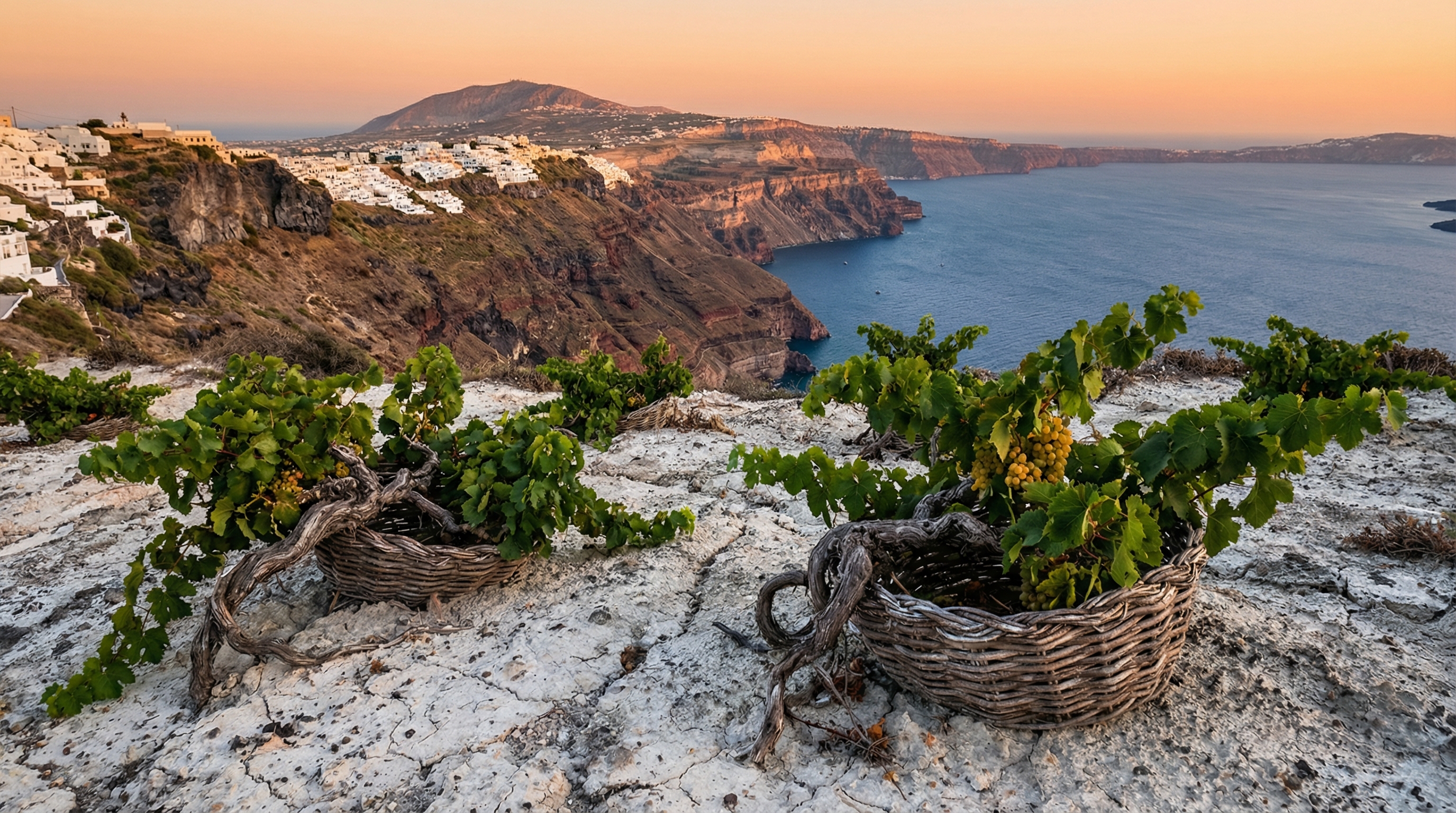 Assyrtiko vines on Santorini volcanic cliffs