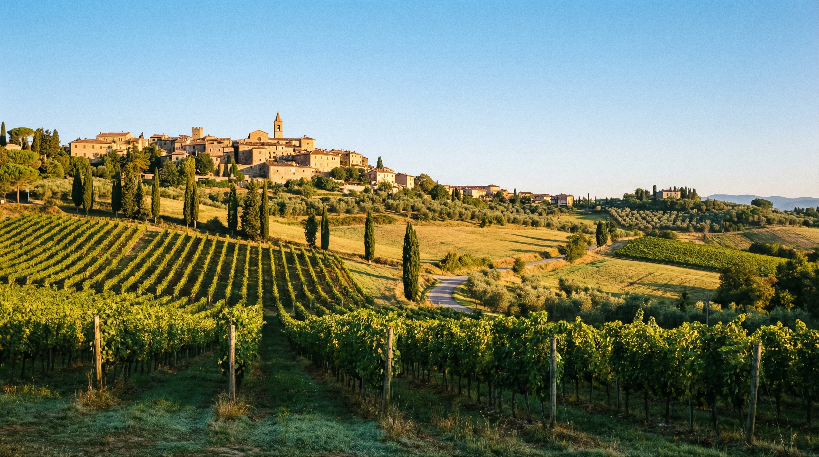 Rolling Tuscan hills with cypress trees and vineyards