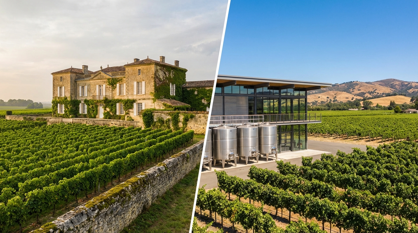 Old World vineyard in Burgundy with ancient stone walls and manicured Pinot Noir rows