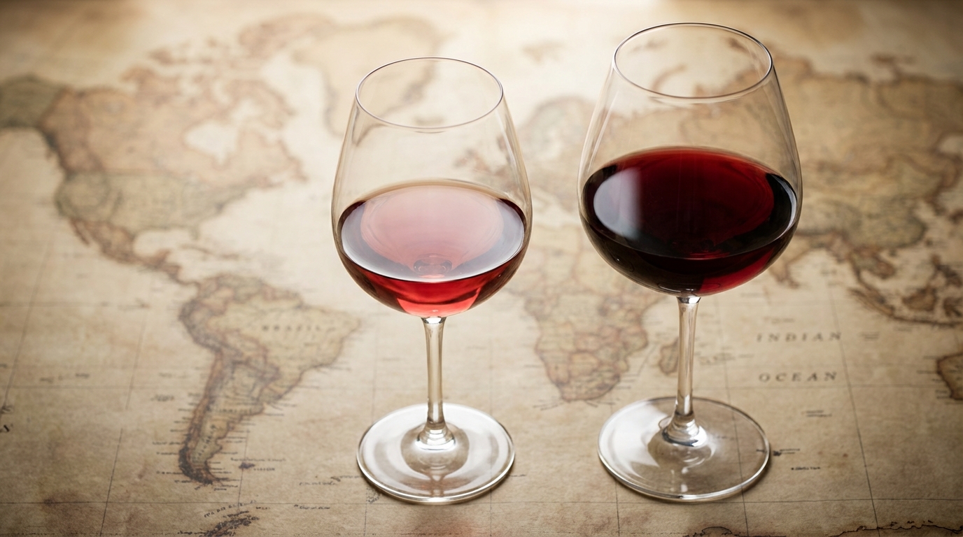 Side-by-side comparison of a glass of Old World and New World red wine with distinct color differences
