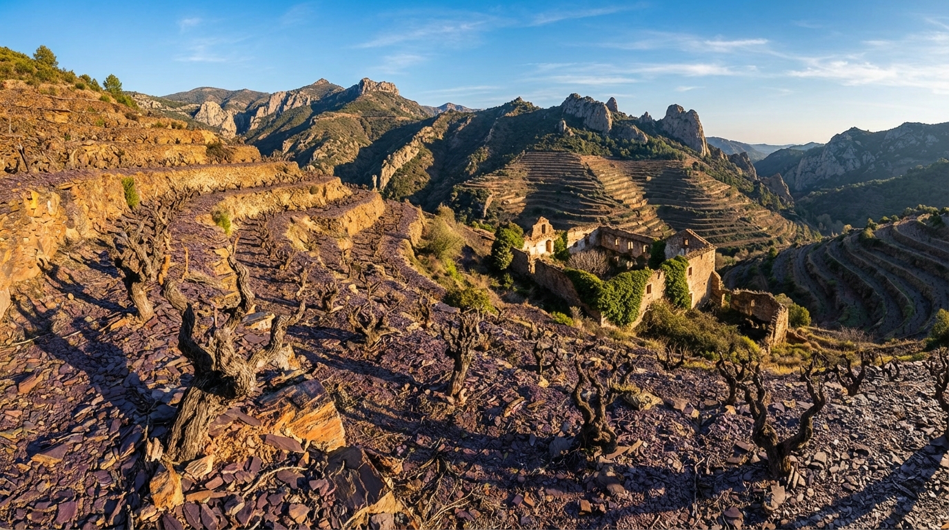 Steep terraced vineyards of Priorat on dark llicorella slate