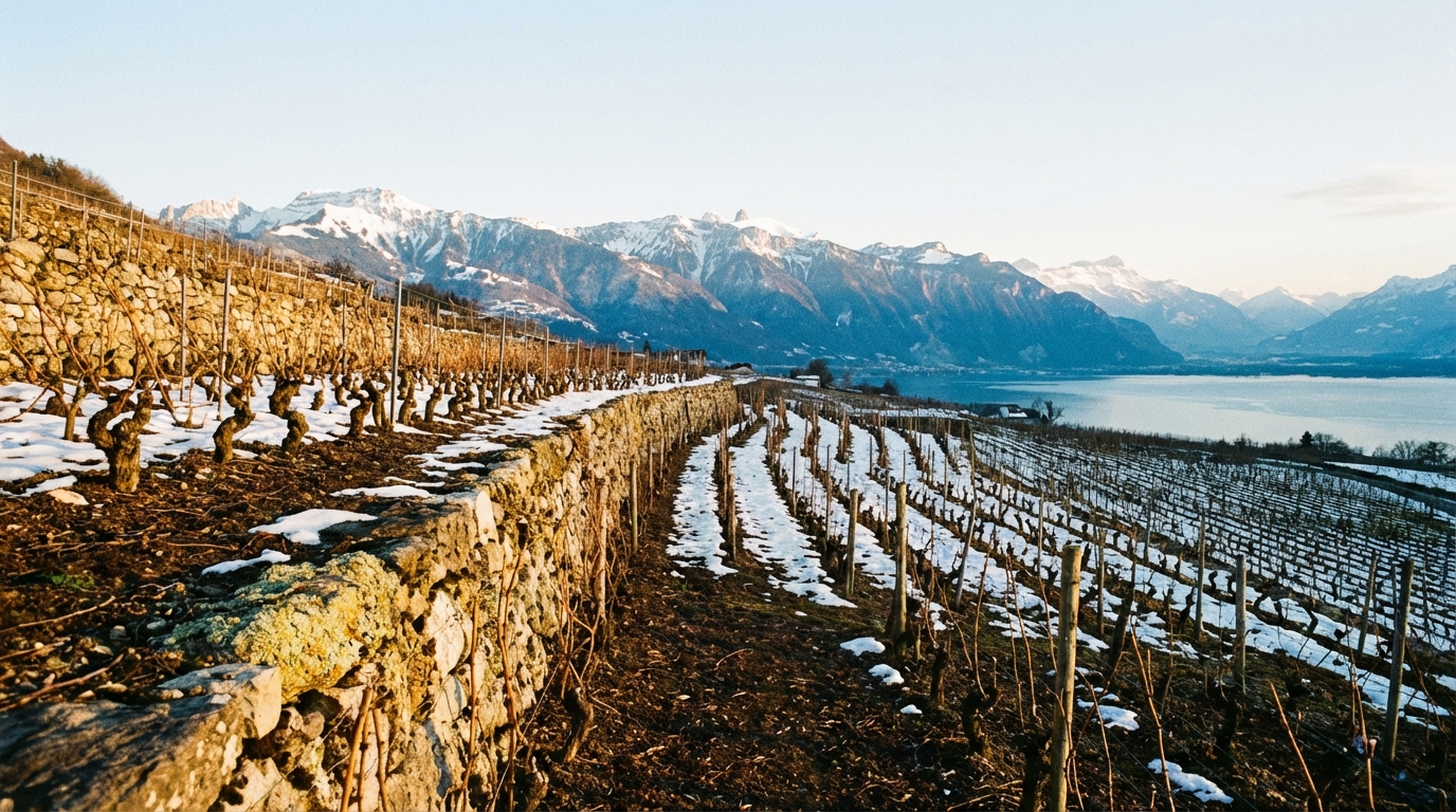 Alpine vineyard slopes above Lac du Bourget with snow-capped peaks in the distance