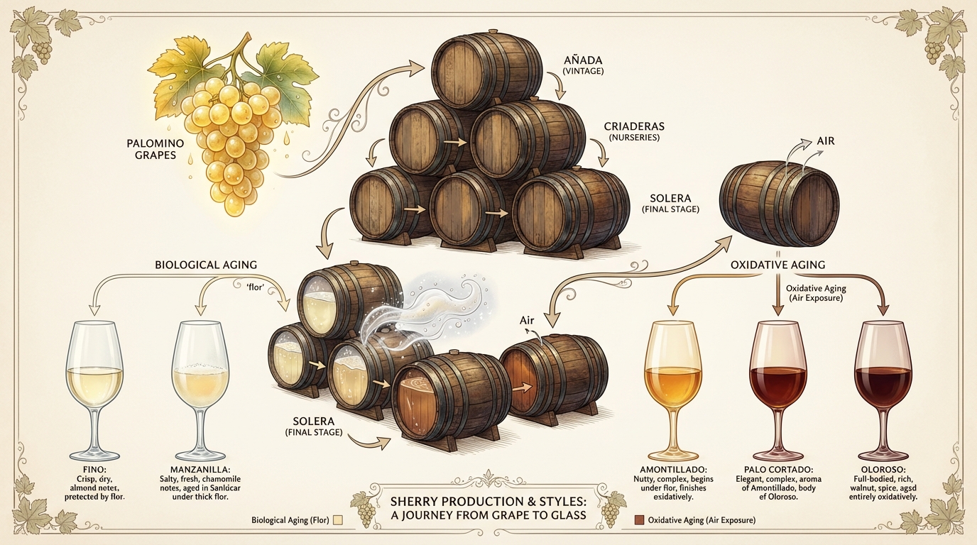 Rows of Sherry barrels aging in a traditional bodega with flor yeast visible on the wine surface