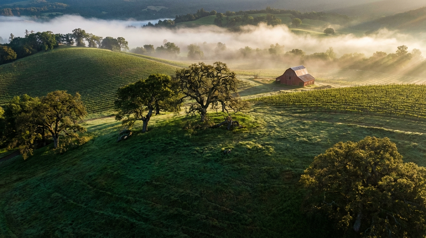 Rolling vineyard hills in Russian River Valley with morning fog drifting through the vines