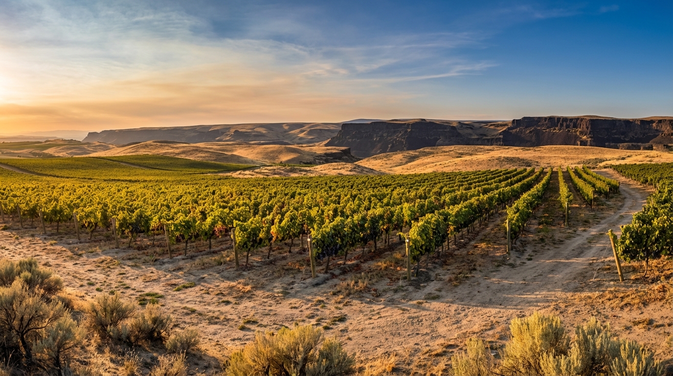 Vast Columbia Valley vineyards at golden hour