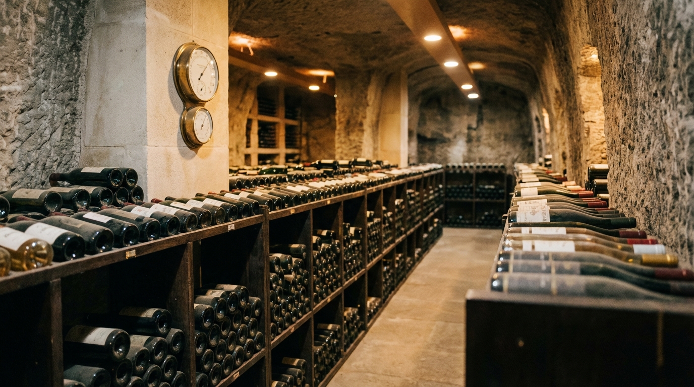 Dusty aged wine bottles resting on their sides in a temperature-controlled cellar