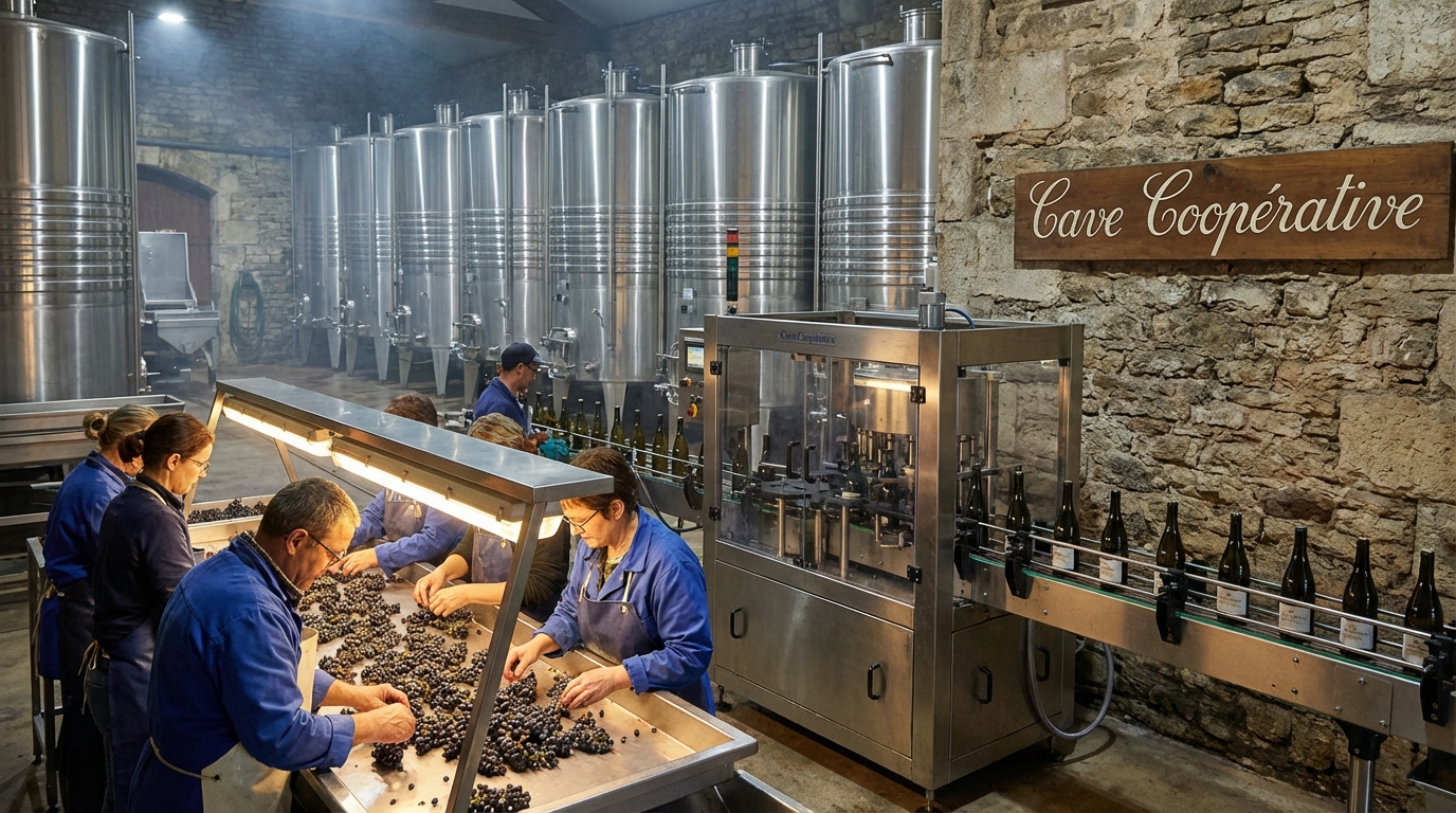 Interior of a French cave coopérative with stainless steel fermentation tanks and oak barrels