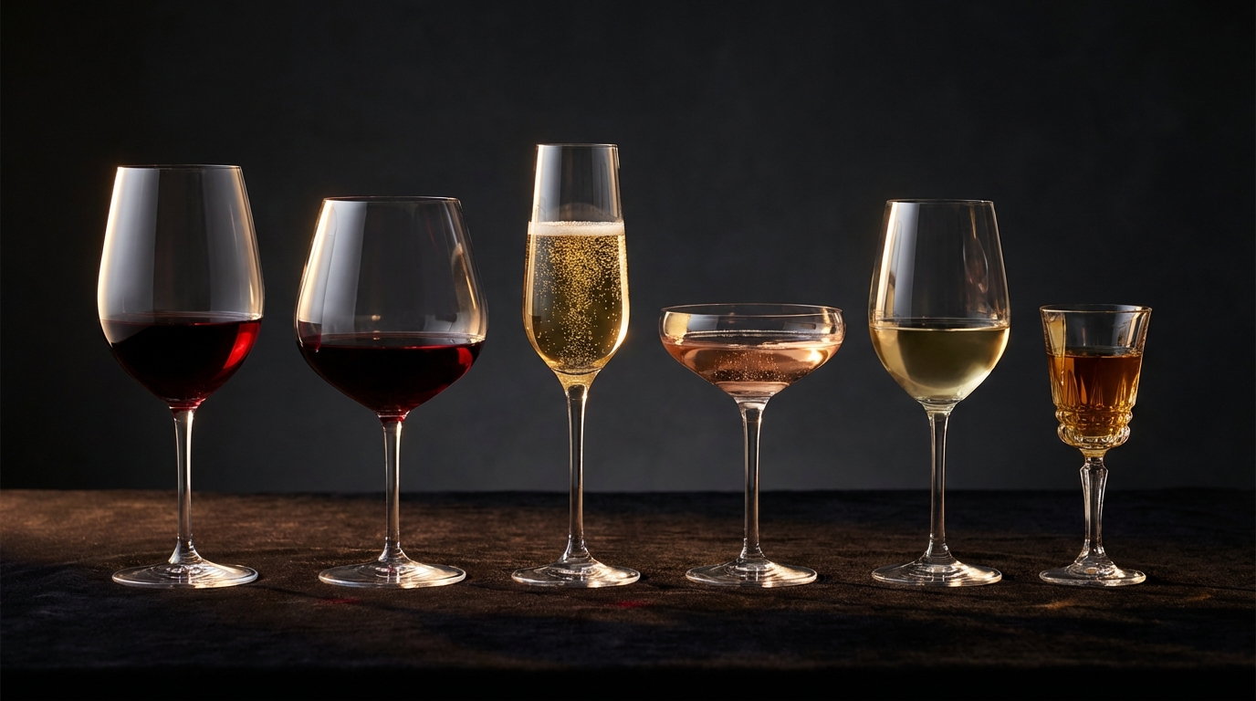 Different wine glass shapes lined up showing Bordeaux, Burgundy, white wine, and Champagne styles