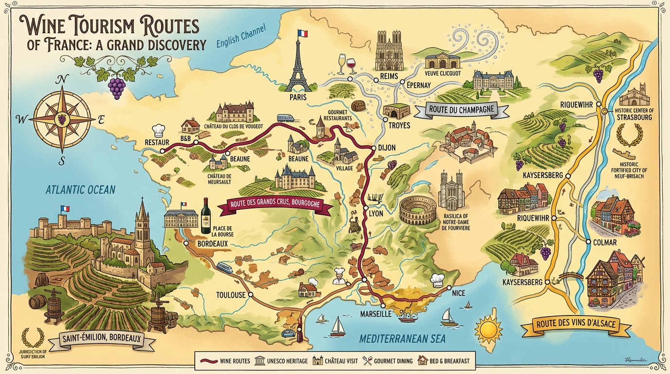 Half-timbered village along the Alsace Wine Route with vineyard-covered hills in the background